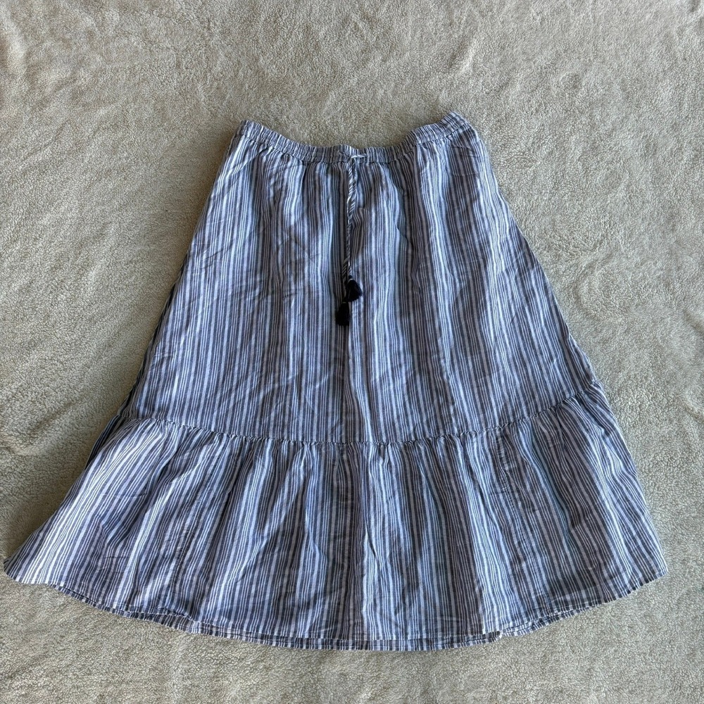 Talbots Plus 2X Striped Linen Blend Tiered Midi Skirt Blue White Tassel Elastic
